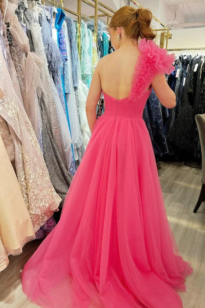 A-Line One Shoulder Ruffles Tulle Fuchsia Long Prom Dress With Slit