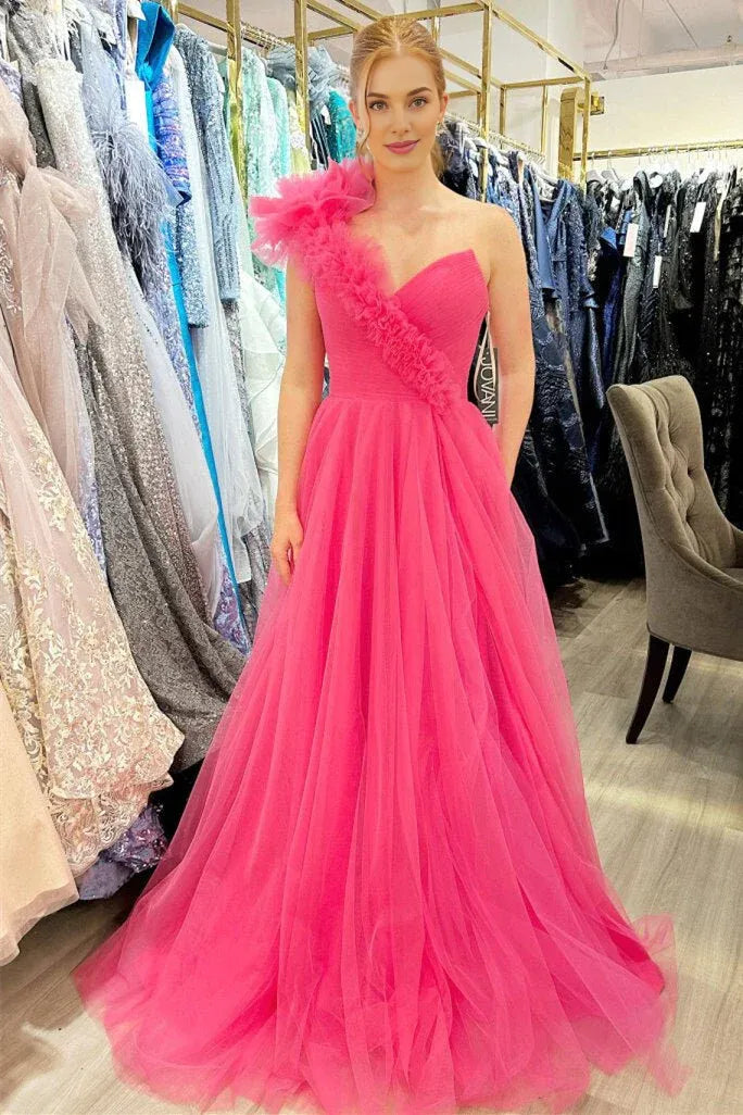 A-Line One Shoulder Ruffles Tulle Fuchsia Long Prom Dress With Slit