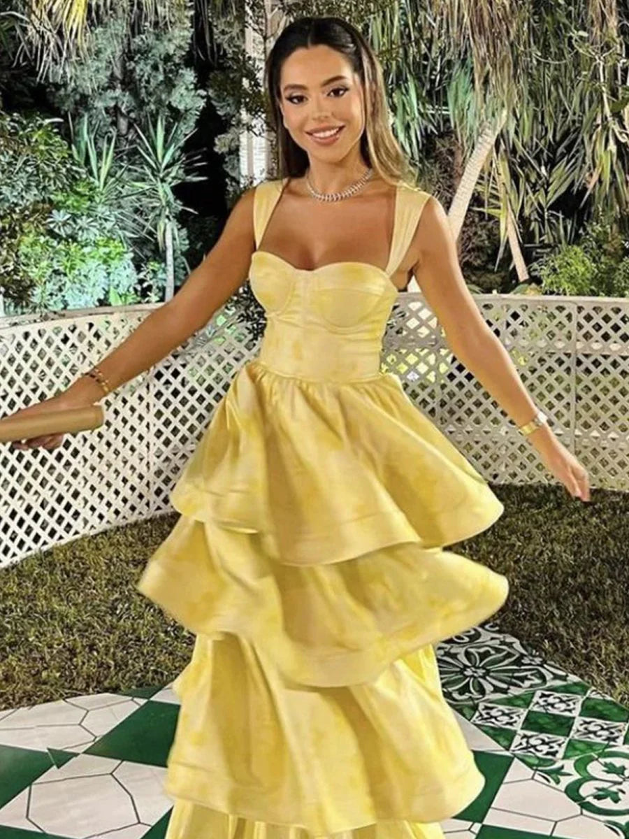 A-Line Pastel Yellow Floral Sweetheart  Neck Sleeveless Ruffle Tiered Full Length Party Prom Dress