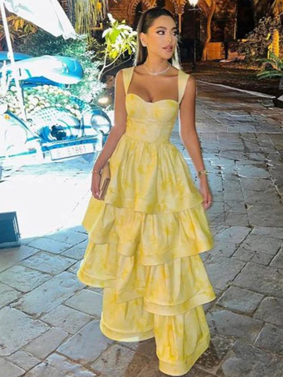 A-Line Pastel Yellow Floral Sweetheart  Neck Sleeveless Ruffle Tiered Full Length Party Prom Dress