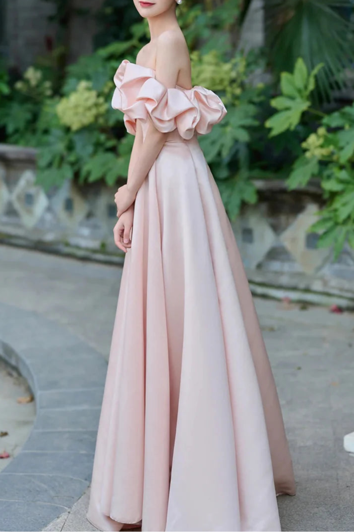 A-Line Pink Satin Floor Length Prom Dress Inexpensive Pink Off the Shoulder Evening Party Dress