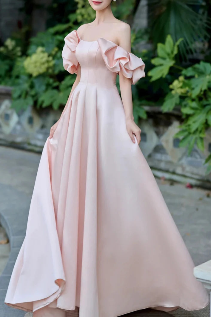 A-Line Pink Satin Floor Length Prom Dress Inexpensive Pink Off the Shoulder Evening Party Dress