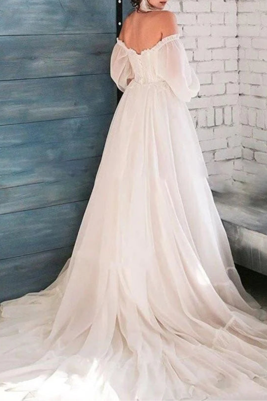 A-Line Pink Tulle Bohemian Sweetheart Long-Sleeve Pleated Wedding Dresses With Court Train