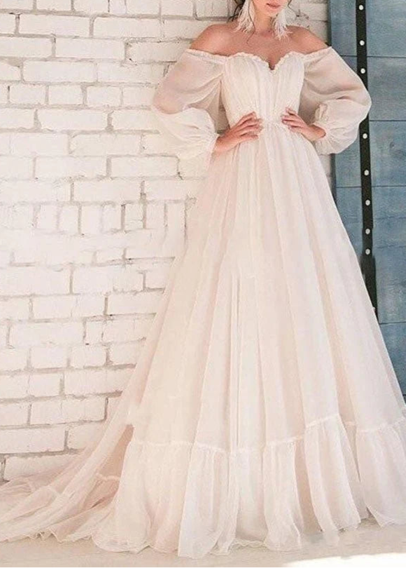 A-Line Pink Tulle Bohemian Sweetheart Long-Sleeve Pleated Wedding Dresses With Court Train