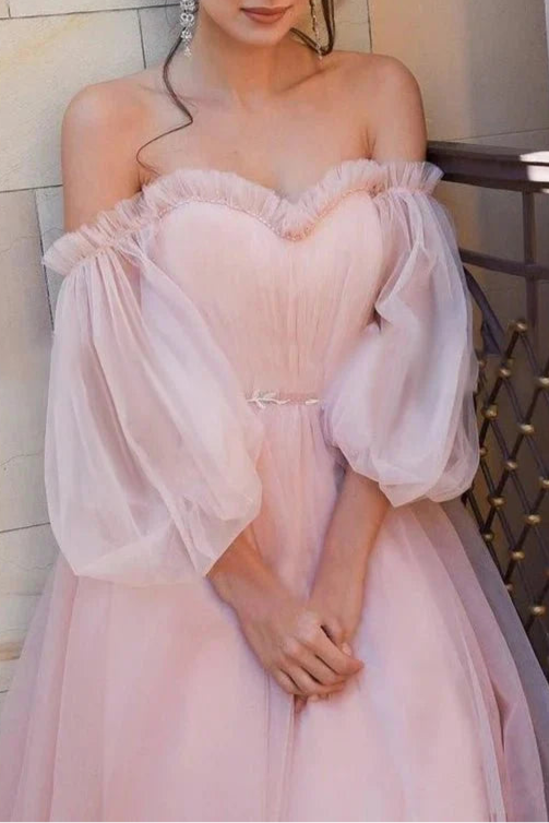 A-Line Pink Tulle Bohemian Sweetheart Long-Sleeve Pleated Wedding Dresses With Court Train