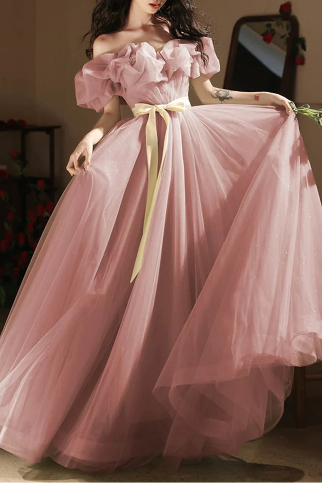 A-Line Pink Tulle Flowers Long Prom Dress Beautiful Off the Shoulder Floor length Evening Party Dress