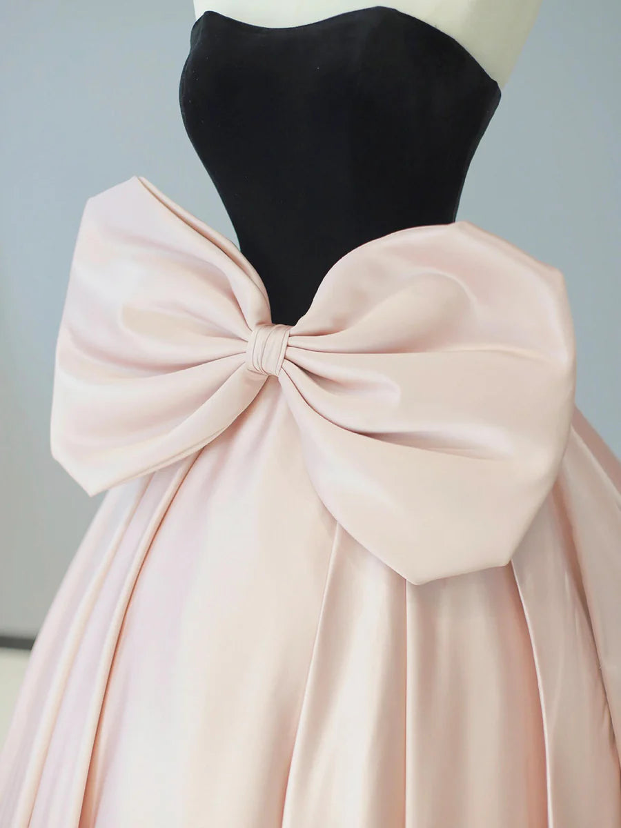 A-Line Pretty Black Velvet and Pink Satin Long Prom Dress Strapless Floor length Party Dress With Bow