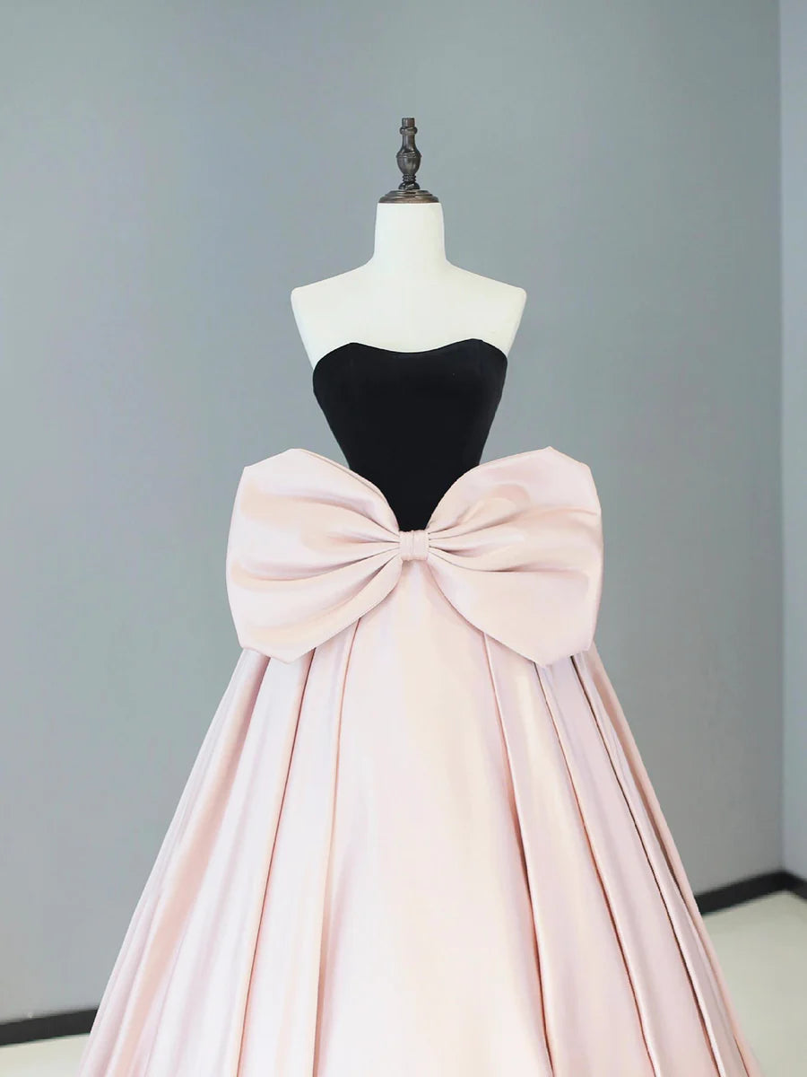 A-Line Pretty Black Velvet and Pink Satin Long Prom Dress Strapless Floor length Party Dress With Bow