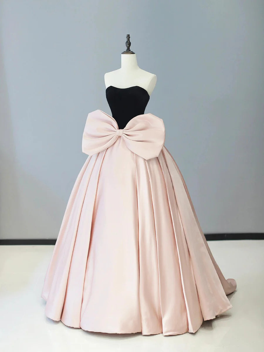 A-Line Pretty Black Velvet and Pink Satin Long Prom Dress Strapless Floor length Party Dress With Bow