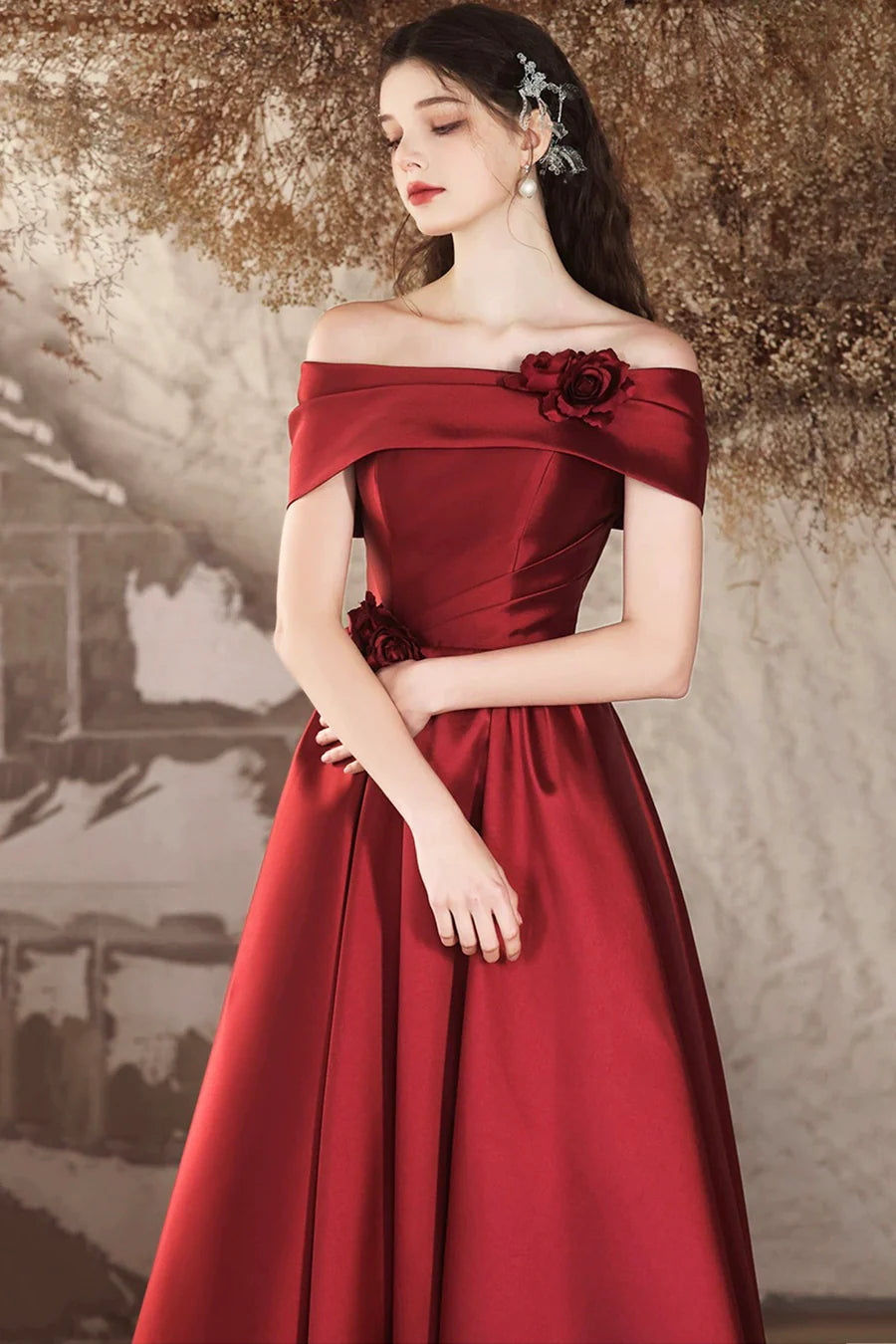 A-Line Pretty Burgundy Satin 3D Flowers Pleated Long Prom Dress Off the Shoulder Evening Party Dress