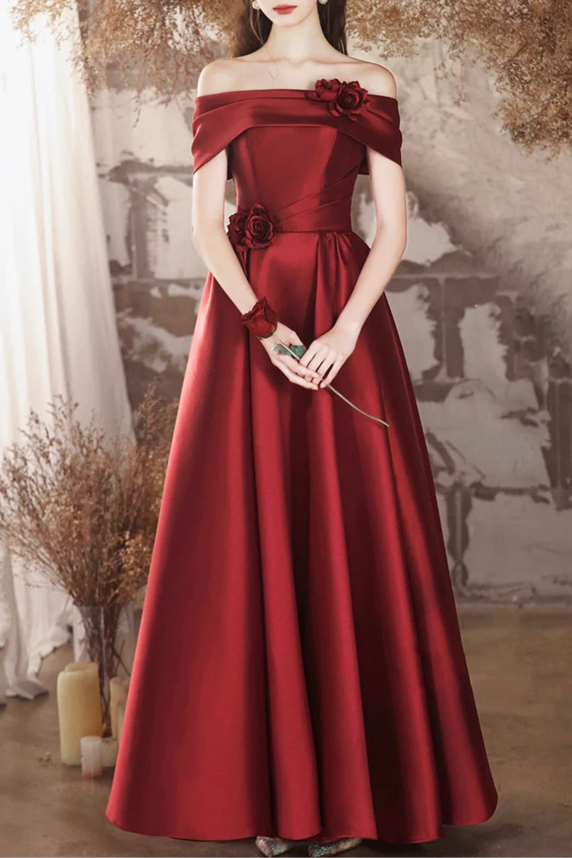 A-Line Pretty Burgundy Satin 3D Flowers Pleated Long Prom Dress Off the Shoulder Evening Party Dress