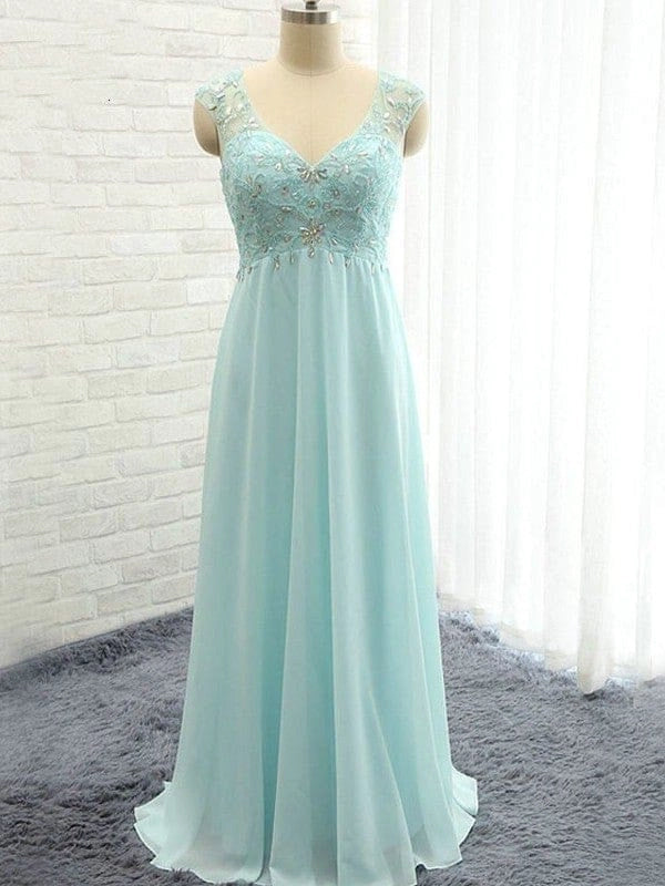 A-Line Pretty Chiffon V Neck Sleeveless Sweetheart Floor-Length Beading Bridesmaid Dresses