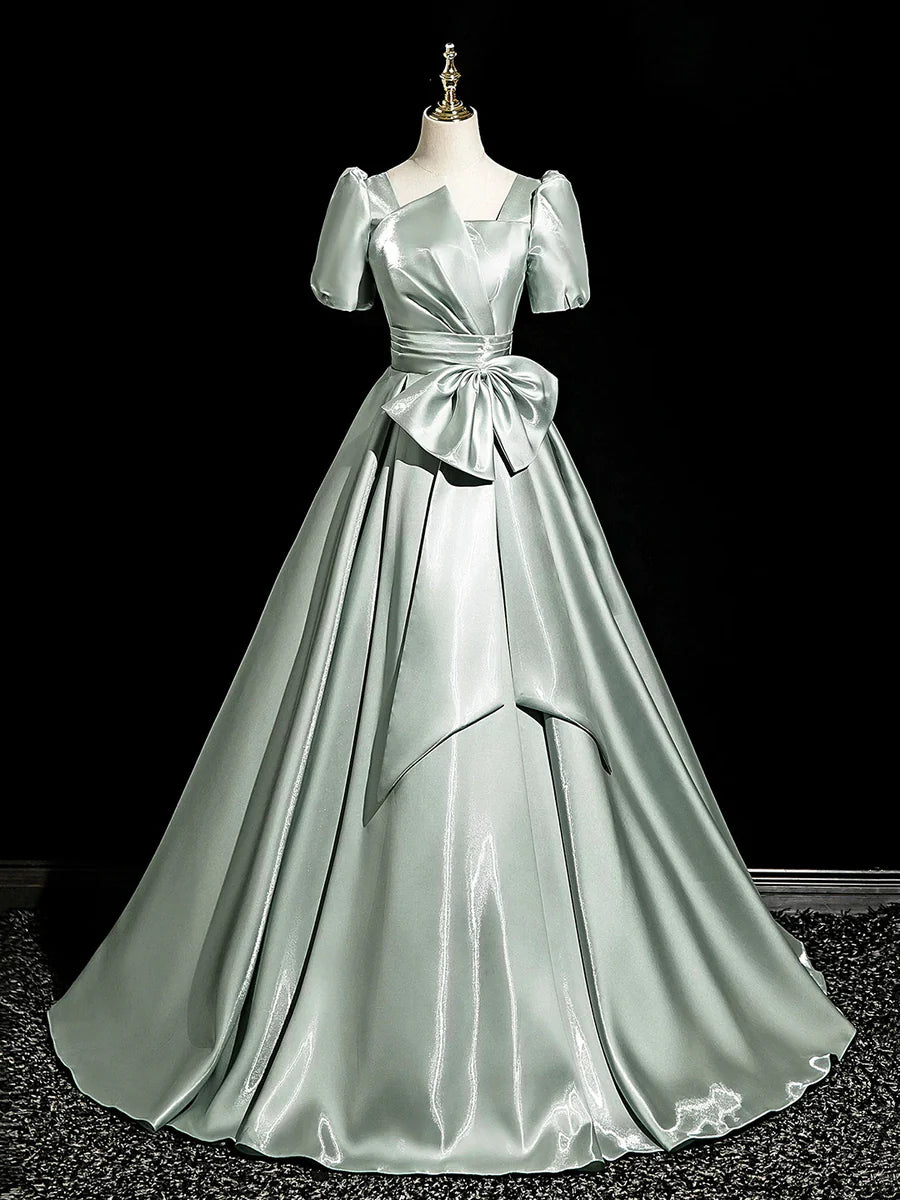 A-Line Pretty Green Satin Pleated Discount Long Prom Dress Short Sleeve Evening Dress With Bow