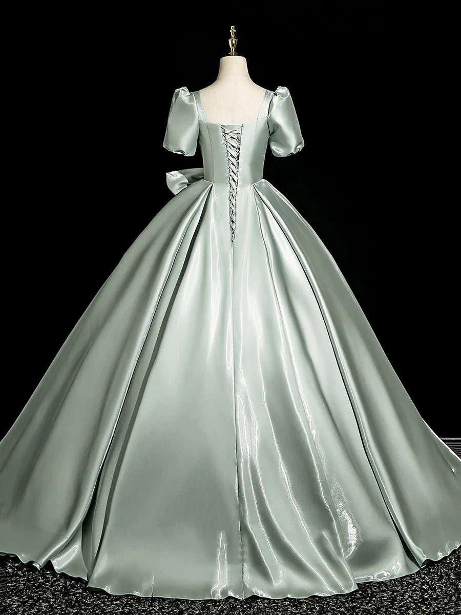 A-Line Pretty Green Satin Pleated Discount Long Prom Dress Short Sleeve Evening Dress With Bow