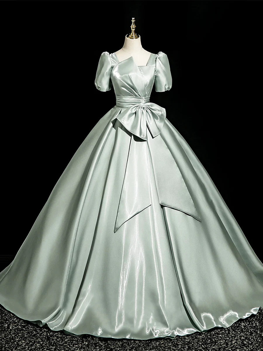 A-Line Pretty Green Satin Pleated Discount Long Prom Dress Short Sleeve Evening Dress With Bow