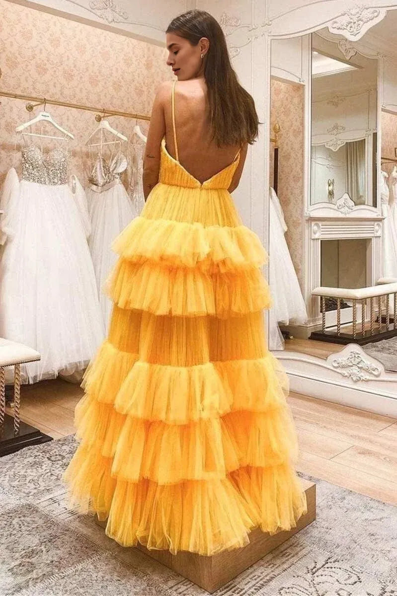 Princess A-Line V Neck Backless Tiered Tulle Yellow Long Prom Dress