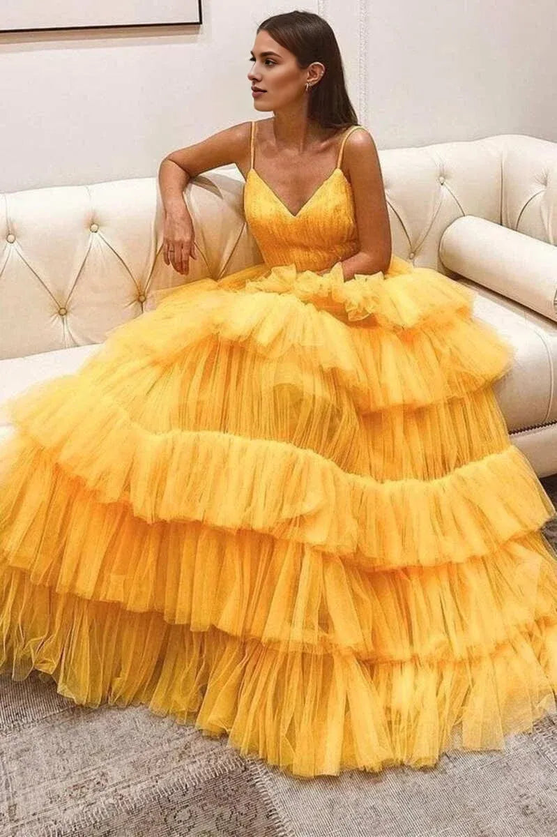 Princess A-Line V Neck Backless Tiered Tulle Yellow Long Prom Dress