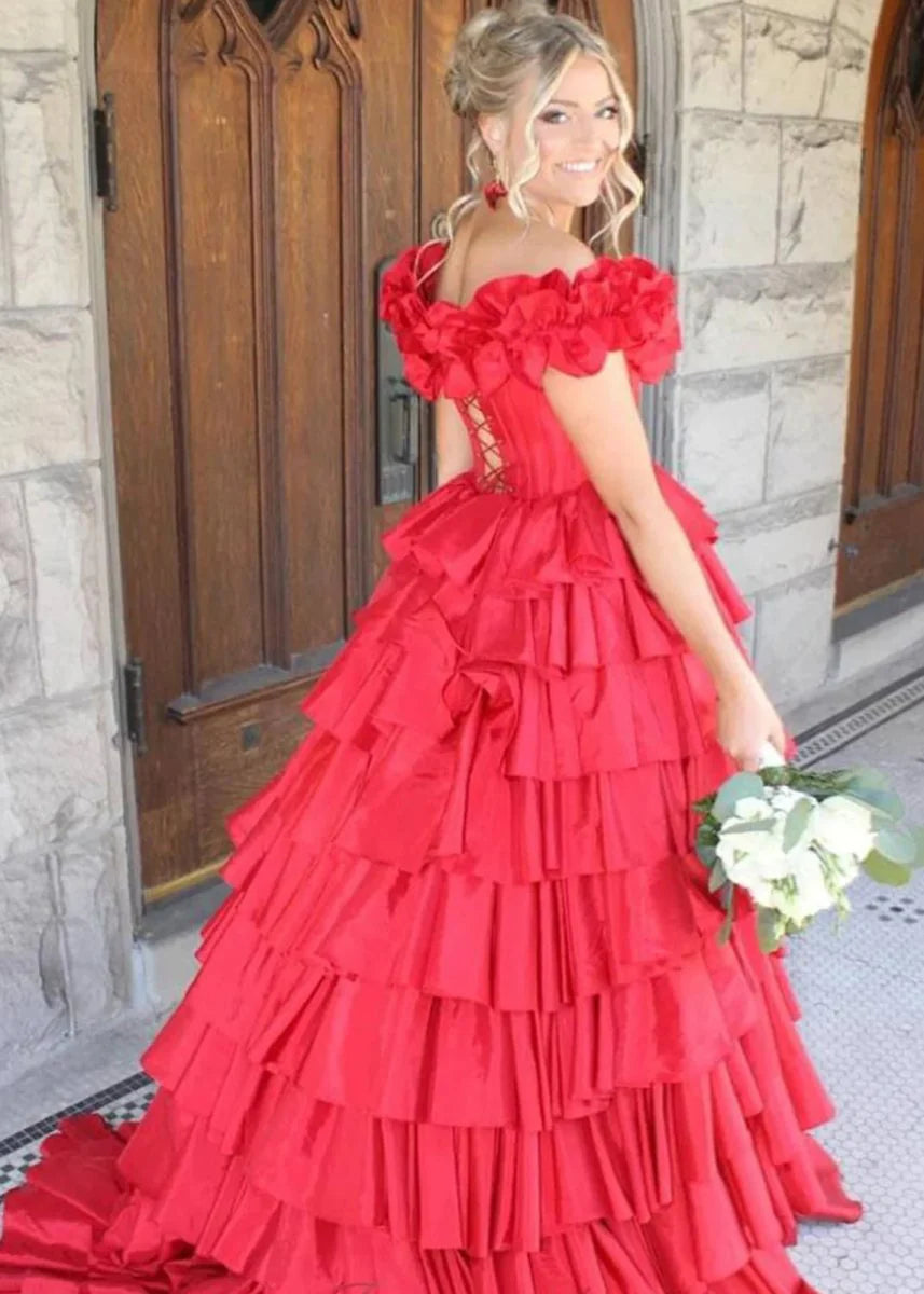 A-Line Red Satin Off-Shoulder Ruched Layered Lace-Up Slit Long Prom Dress With Sweep-Train