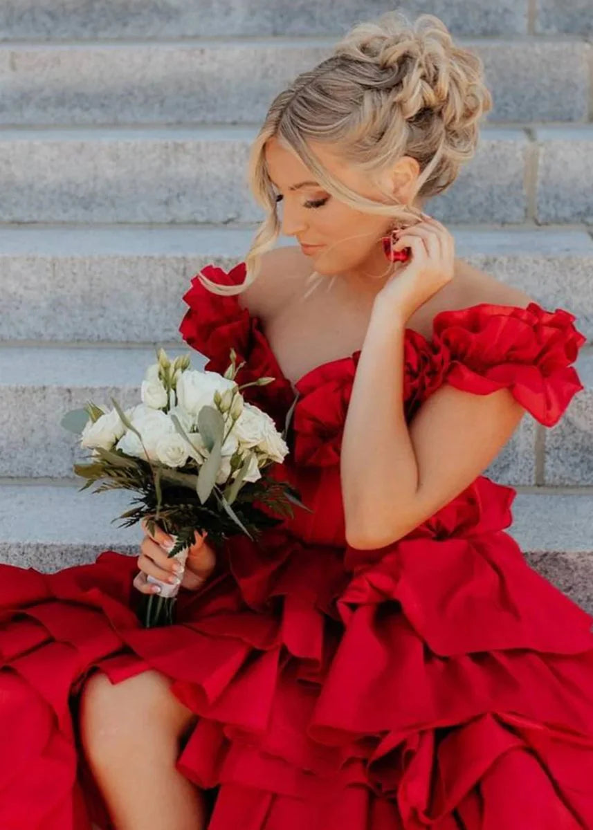 A-Line Red Satin Off-Shoulder Ruched Layered Lace-Up Slit Long Prom Dress With Sweep-Train