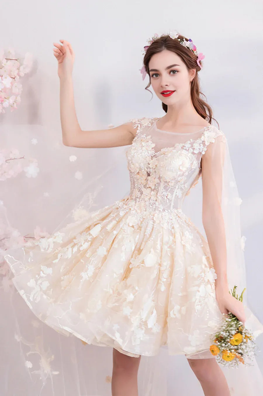 A-Line Round Neck Applique Tulle Lace Champagne Short Prom Dresses With Long Cape