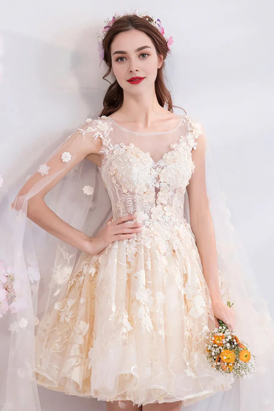 A-Line Round Neck Applique Tulle Lace Champagne Short Prom Dresses With Long Cape