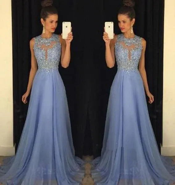 A-Line Round Neck Lace Applique Chiffon Blue Floor-Length Prom Dress