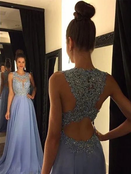 A-Line Round Neck Lace Applique Chiffon Blue Floor-Length Prom Dress