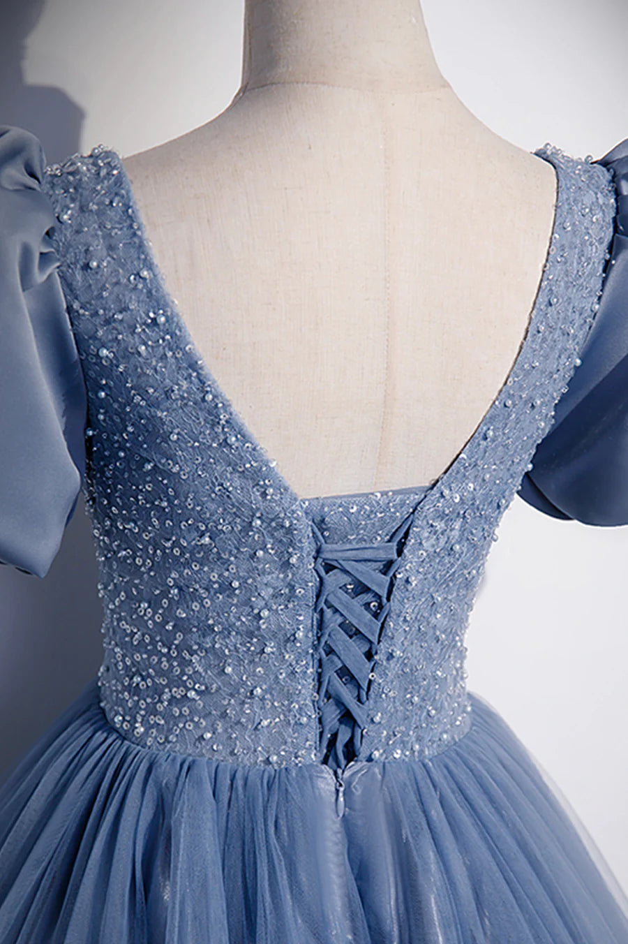 A-Line Round Neck Short Sleeves Beaded Tulle Blue Long Prom Dresses Evening Dresses