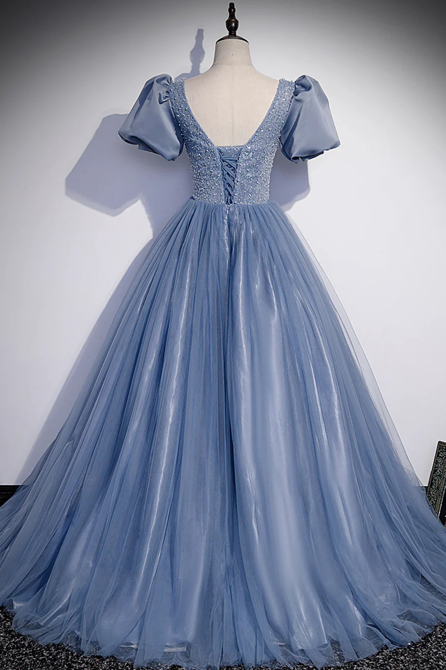 A-Line Round Neck Short Sleeves Beaded Tulle Blue Long Prom Dresses Evening Dresses