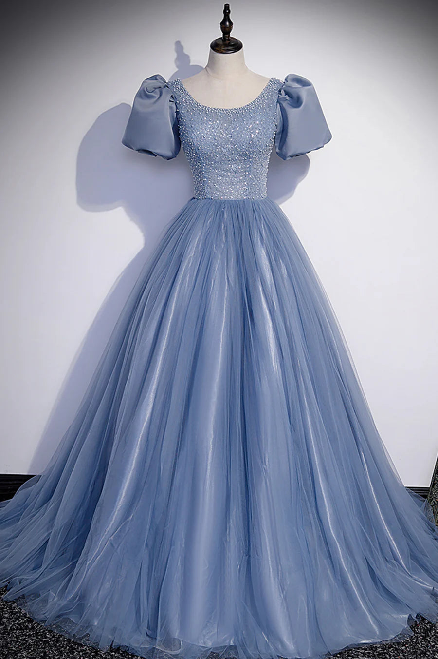 A-Line Round Neck Short Sleeves Beaded Tulle Blue Long Prom Dresses Evening Dresses