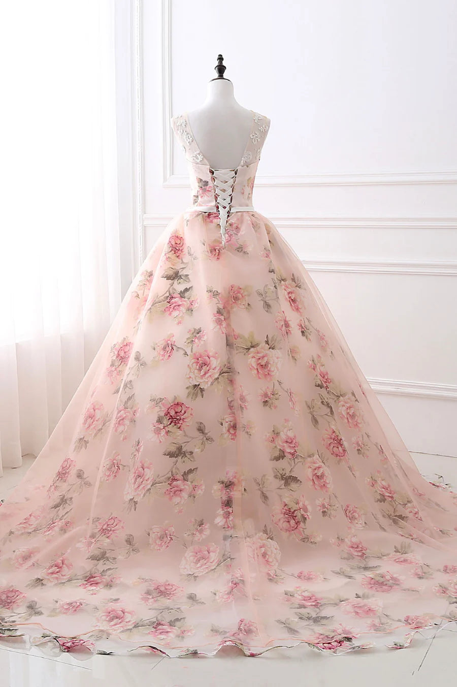 A-Line Round Neck Sleeveless Floral Pattern Tulle Lace Pink Long Prom Dress