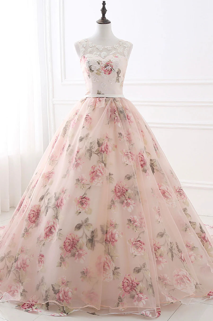 A-Line Round Neck Sleeveless Floral Pattern Tulle Lace Pink Long Prom Dress