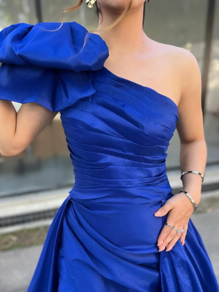 A-Line Royal Blue Satin One Shoulder Pleated Bow Long Prom Dress With Cape Budget Party Dresses