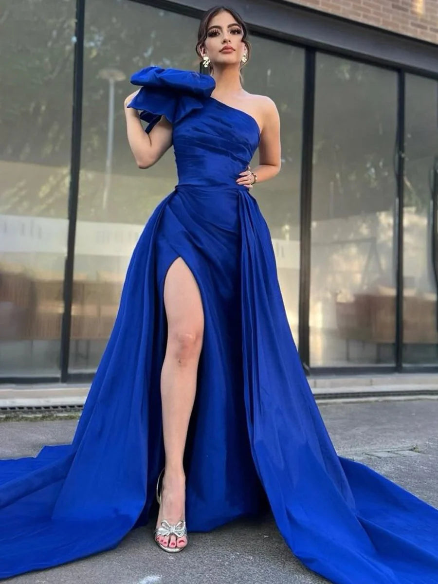 A-Line Royal Blue Satin One Shoulder Pleated Bow Long Prom Dress With Cape Budget Party Dresses
