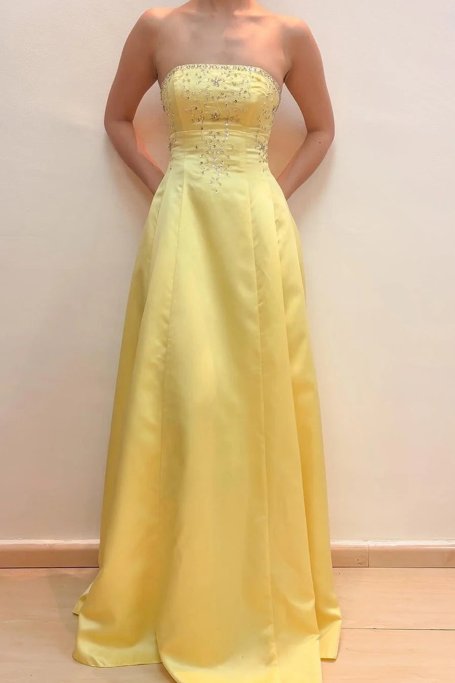 A-Line Satin Yellow Strapless Appliques Empire-Waist Long Prom Dress