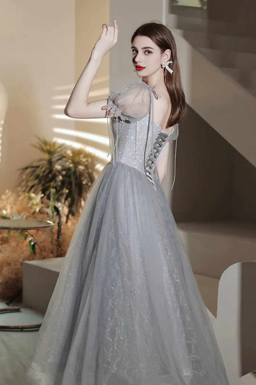 A-Line Short Sleeves Bodycon Beaded Tulle Gray Tea Length Prom Dress Evening Dress