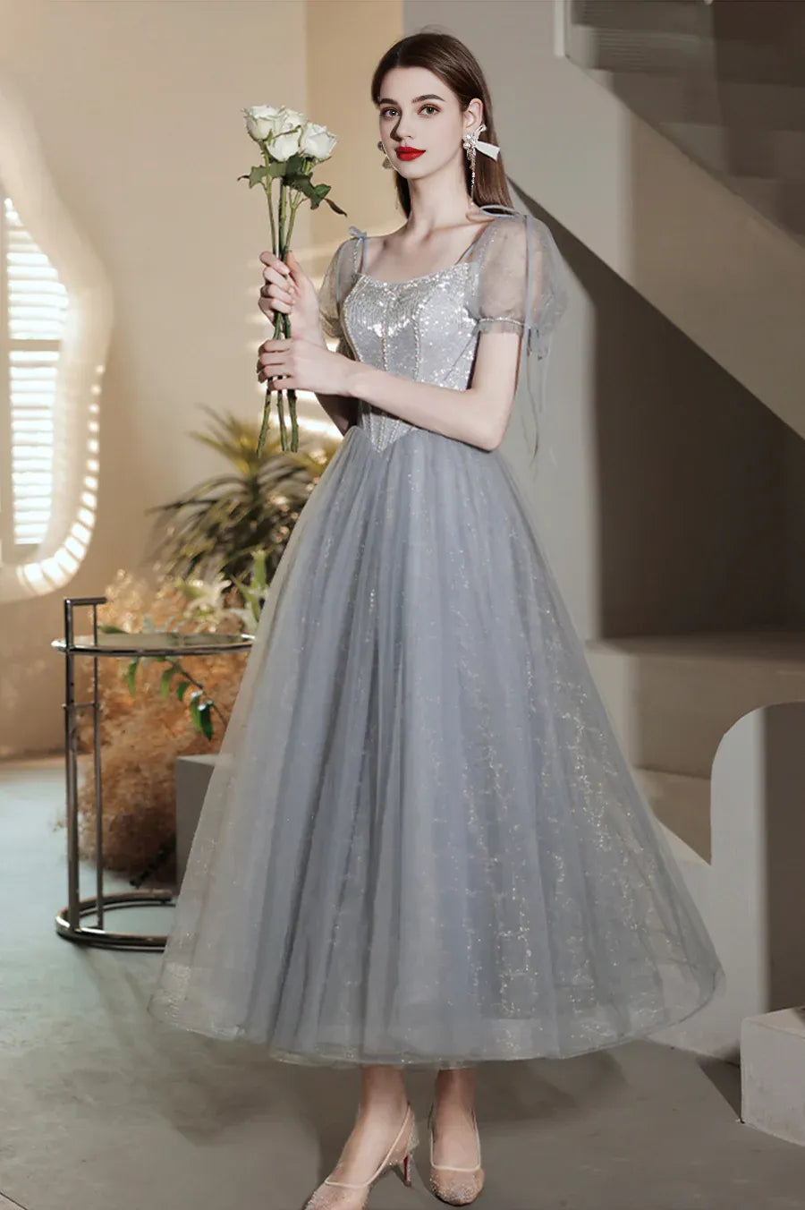 A-Line Short Sleeves Bodycon Beaded Tulle Gray Tea Length Prom Dress Evening Dress
