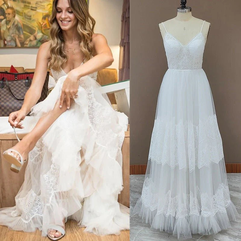 A-Line Simple White Lace V Neck Spaghetti Straps Sleeveless Appliqued Beach Wedding Dresses