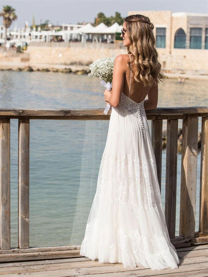 A-Line Simple White Lace V Neck Spaghetti Straps Sleeveless Appliqued Beach Wedding Dresses