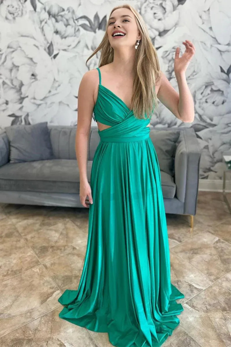 A-Line Spaghetti-Strap Pleated Cutout Waist Emerald Floor length Evening Dress
