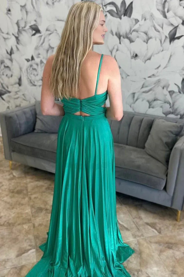 A-Line Spaghetti-Strap Pleated Cutout Waist Emerald Floor length Evening Dress