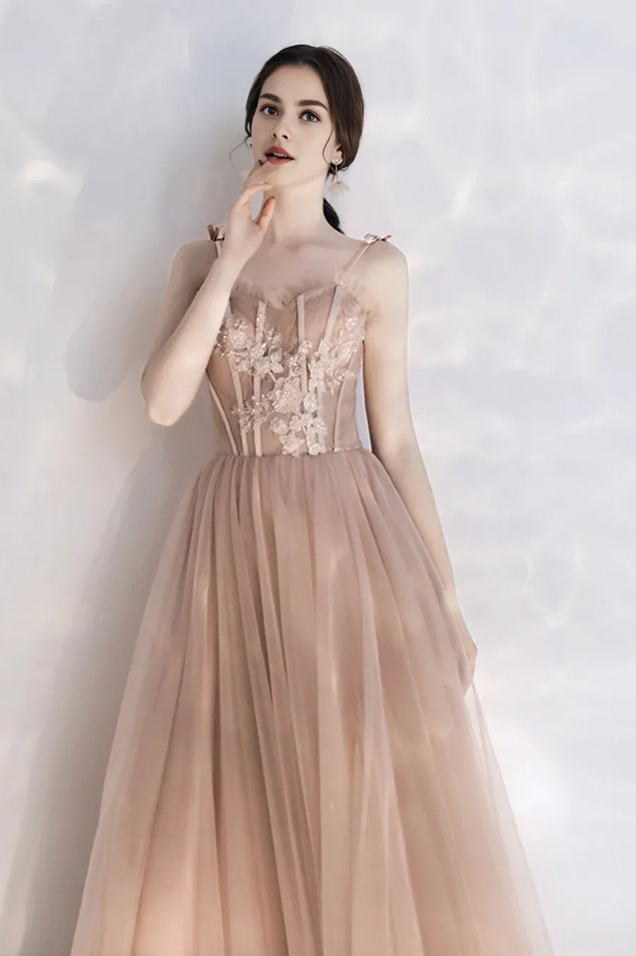 A-Line Spaghetti Bodycon Applique Lace Pink Long Prom Dresses Graduation Dresses