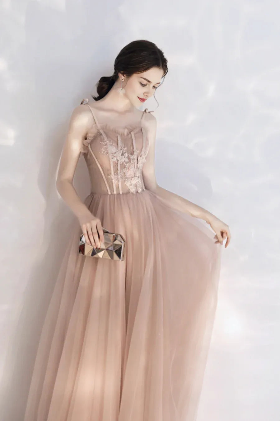 A-Line Spaghetti Bodycon Applique Lace Pink Long Prom Dresses Graduation Dresses