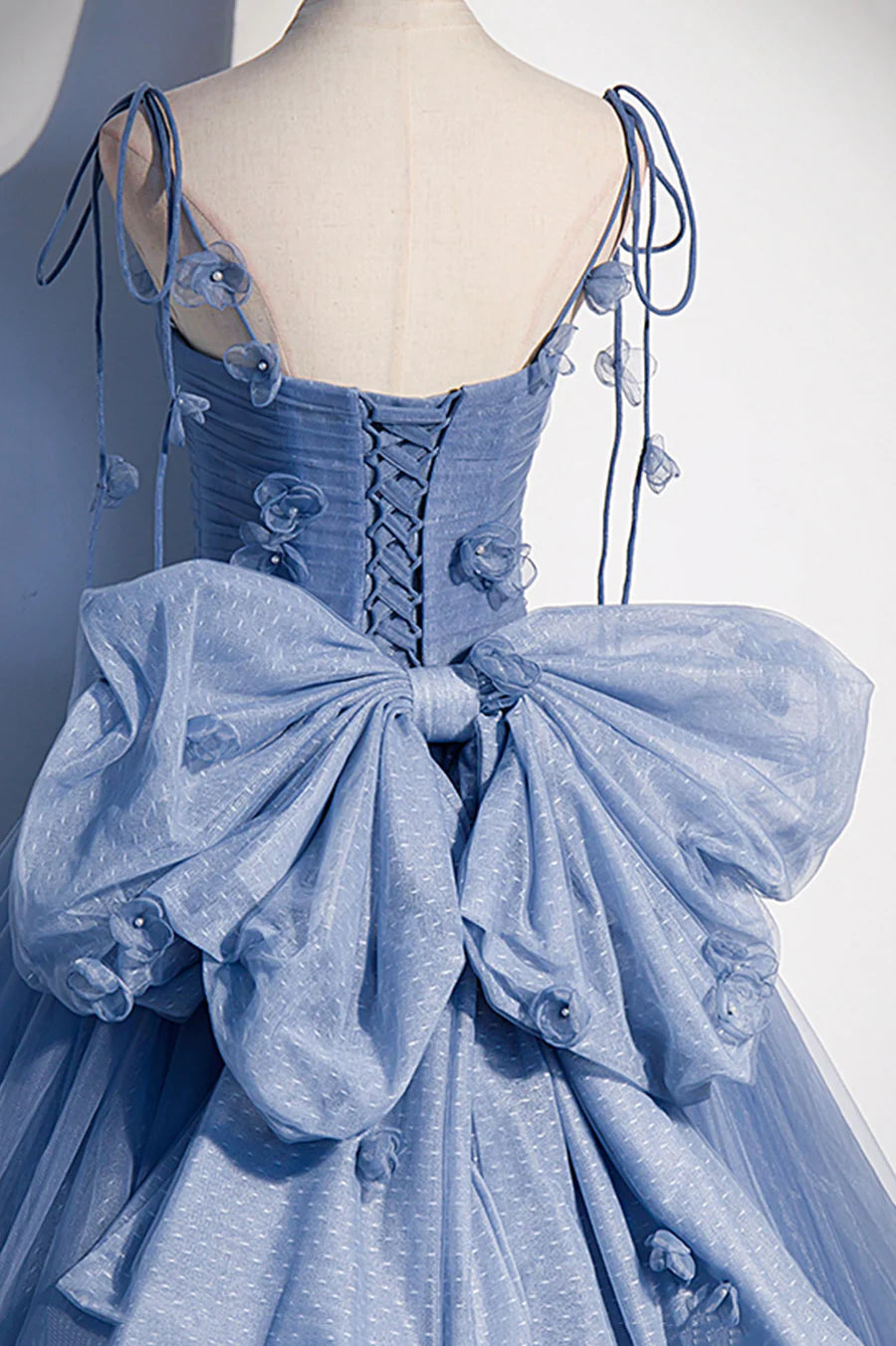 A-Line Spaghetti Strap 3D Flowers Pleated Tulle Blue Long Prom Dress With Bow