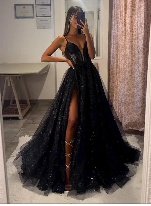 A-Line Spaghetti Strap Applique Glitter Tulle Black Prom Dress With High Slit