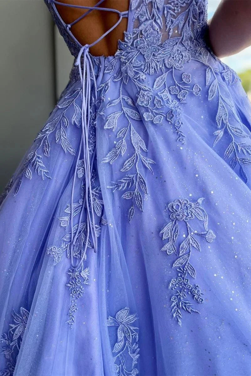 A-Line Spaghetti Strap Applique Tulle Light Purple Prom Dress with Pockets