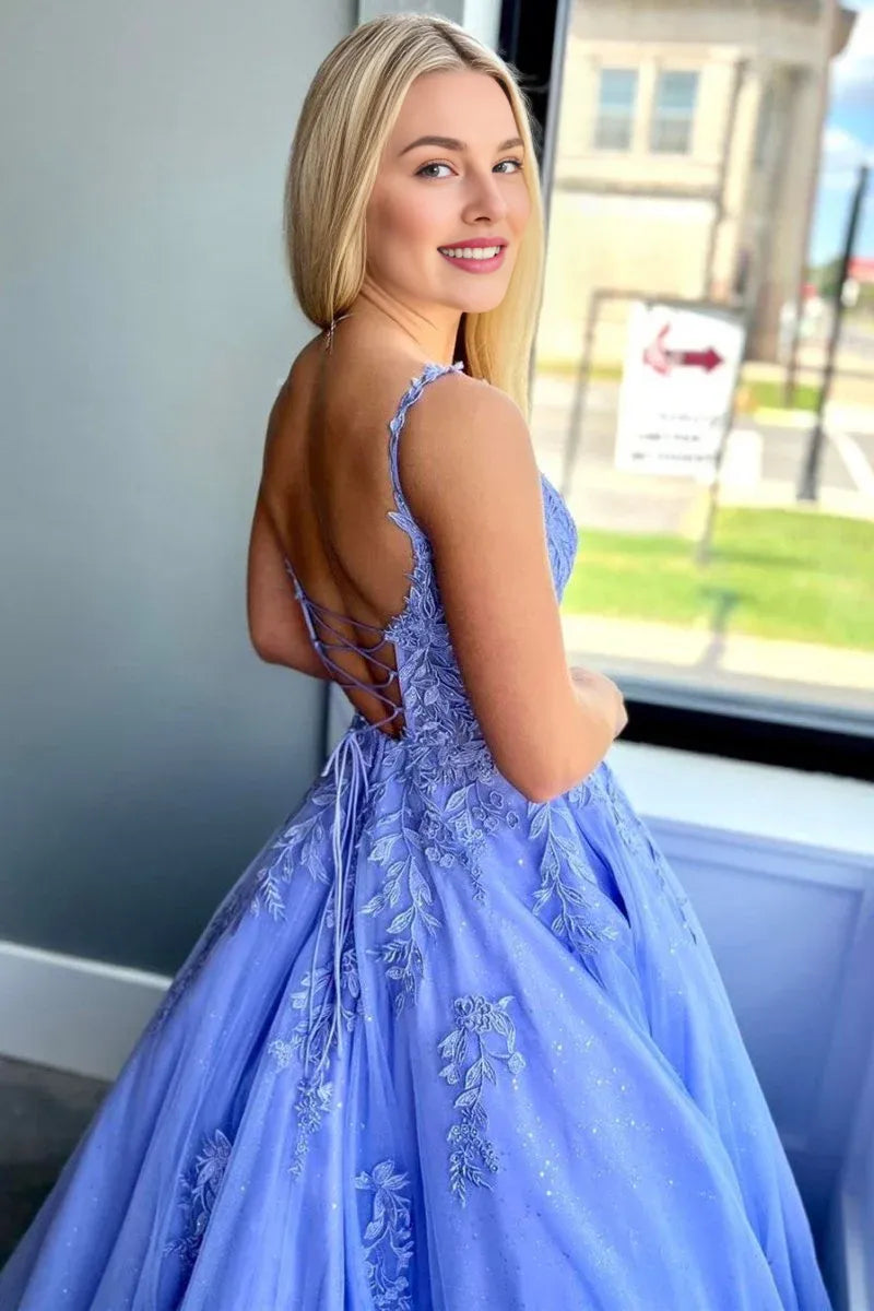 A-Line Spaghetti Strap Applique Tulle Light Purple Prom Dress with Pockets