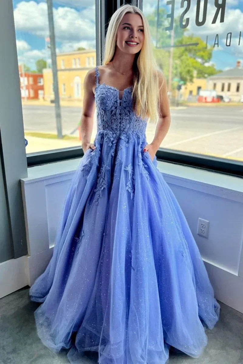 A-Line Spaghetti Strap Applique Tulle Light Purple Prom Dress with Pockets