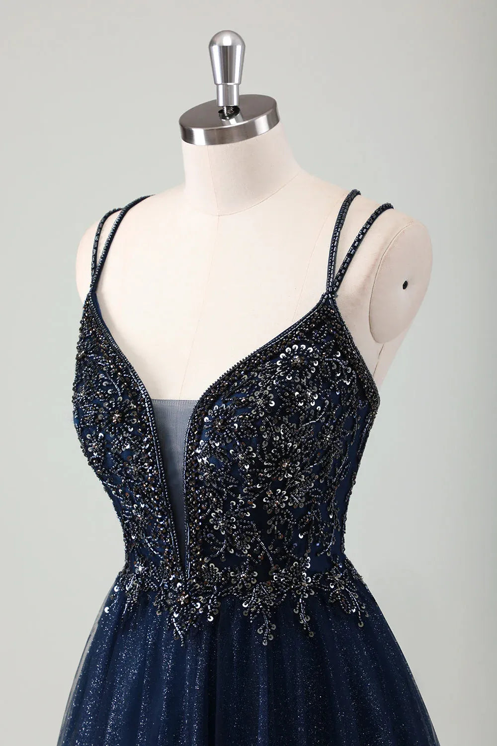 A-Line Spaghetti Strap Beaded Sequins Glitter Tulle Navy Maxi Prom Dress