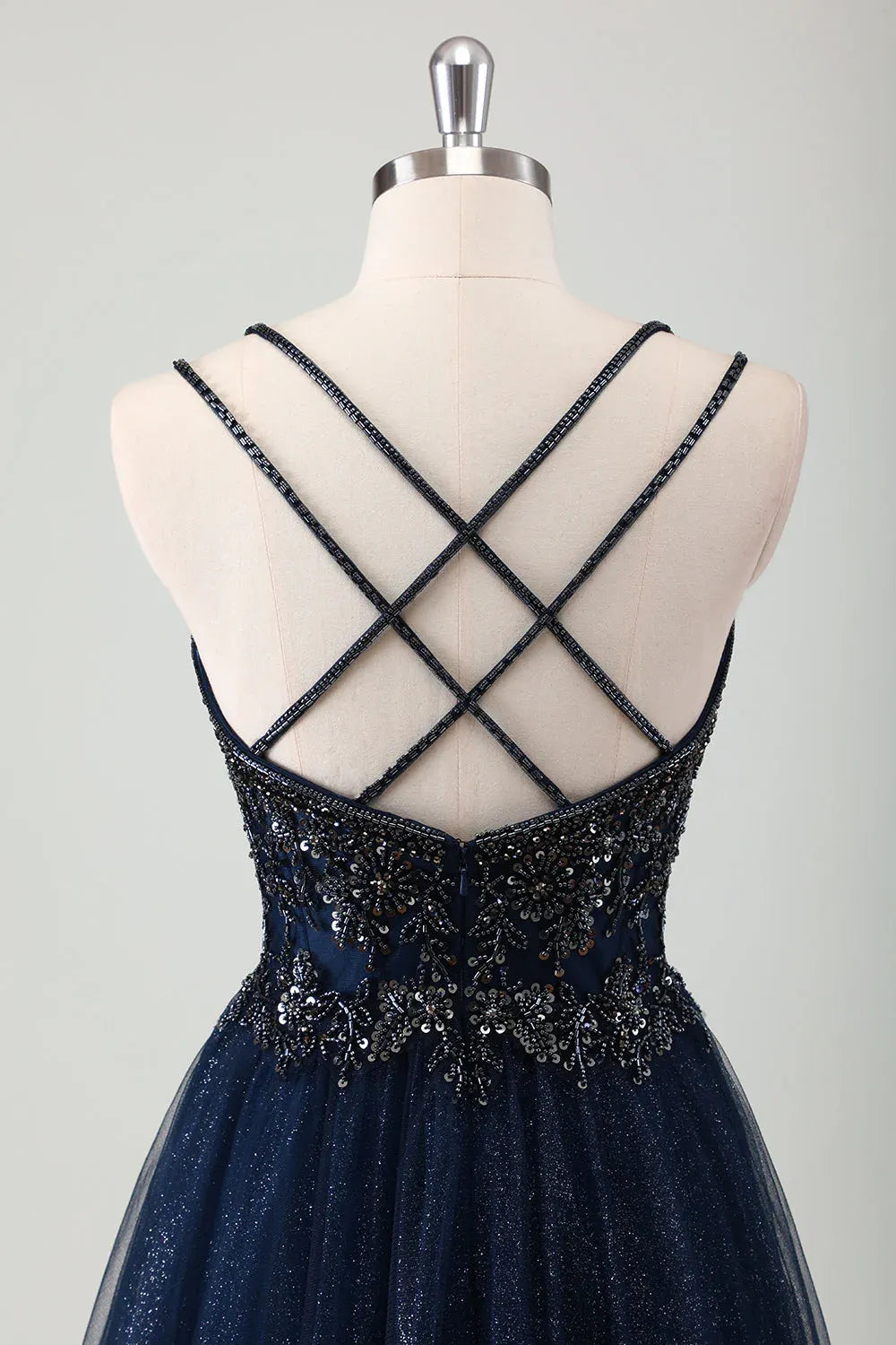A-Line Spaghetti Strap Beaded Sequins Glitter Tulle Navy Maxi Prom Dress